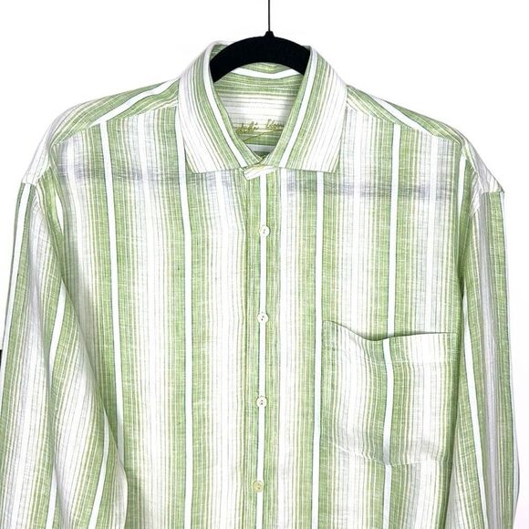 BUGATCHI Linen Button Down Shirt Long Sleeves Striped Light Green White M - Picture 1 of 11